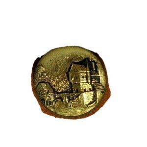 Old European buildings antique picture button trees river gold color vintage   M